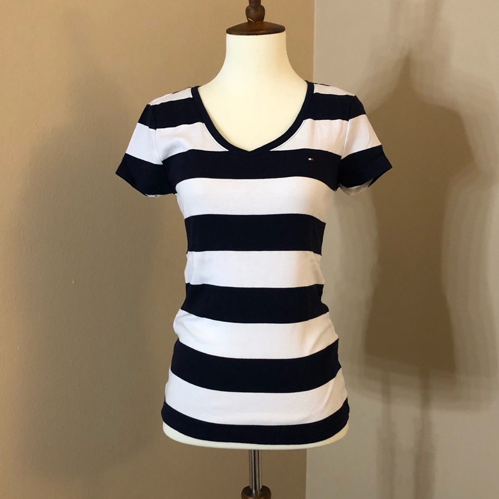 Tommy Hilfiger v neck navy striped shirt